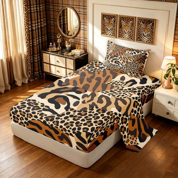 Manfei Minimalist Tiger Print Twin Sheets, Cartoon Leopard Animal Bedding, Dark Brown, 3-Piece, 1 Flat Sheet, 1 Fitted Sheet and 1 Pillowcase