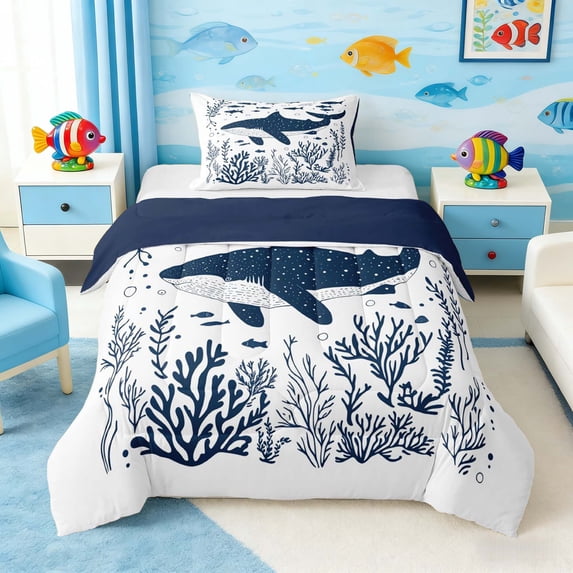 Manfei Minimalist Whale Twin Comforter Sets for Kids Boys and Girls, Ocean Animal Bedding Set, Navy Reversible 2-Piece, 1 Comforter and 1 Pillowcase