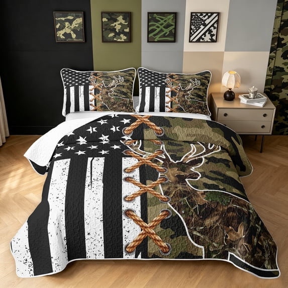 Manfei Minimalst Camo Deer Bed Spread Queen, Contemporary Art US Flag Queen Coverlet Set, Coyote Brown, 3-Piece, 1 Quilt and 2 Pillowcases