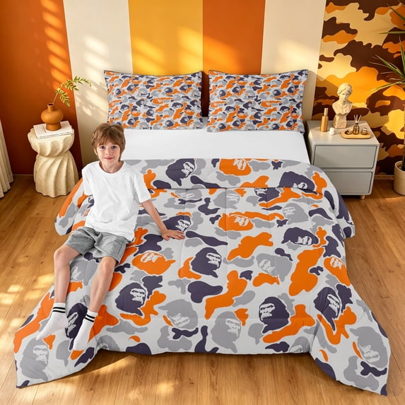 Manfei Minimalst Camo King Size Comforter Sets, Old Fashion Gorilla Comforters King Size, Gray Orange, Gray Reversible, 3pcs, 1 Comforter and 2 Pillowcases