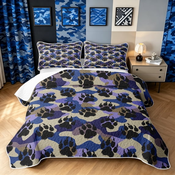 Manfei Minimalst Camouflage Bed Spread Queen, Rustic Bear Paw Queen Coverlet Set, Navy Blue, 3pcs, 1 Quilt and 2 Pillowcases