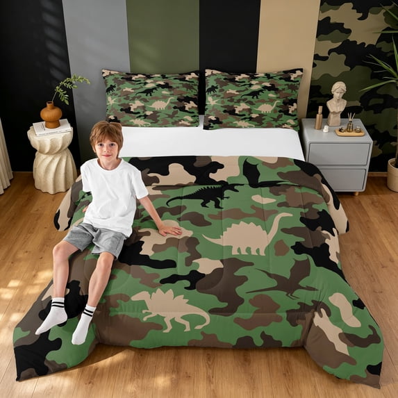 Manfei Minimalst Camouflage Dino Queen Comforter Set, Mid Century Camo Comforter Sets Queen, Olive Green, Black Reversible, 3-Piece, 1 Comforter and 2 Pillowcases