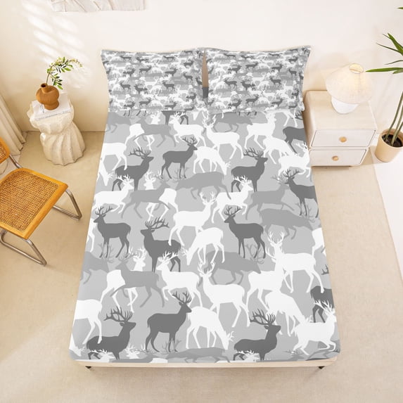 Manfei Minimalst Camouflage Elk Fitted Sheet Queen, Rustic Farmhouse Bedding, Sliver White, 3pcs, 1 Fitted Sheet and 2 Pillowcases