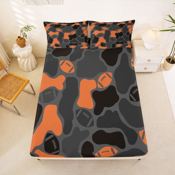 Manfei Minimalst Camouflage Fitted Sheet Full, Cartoon Rugby Camo Bed Set, Black Orange, 3pcs, 1 Fitted Sheet and 2 Pillowcases
