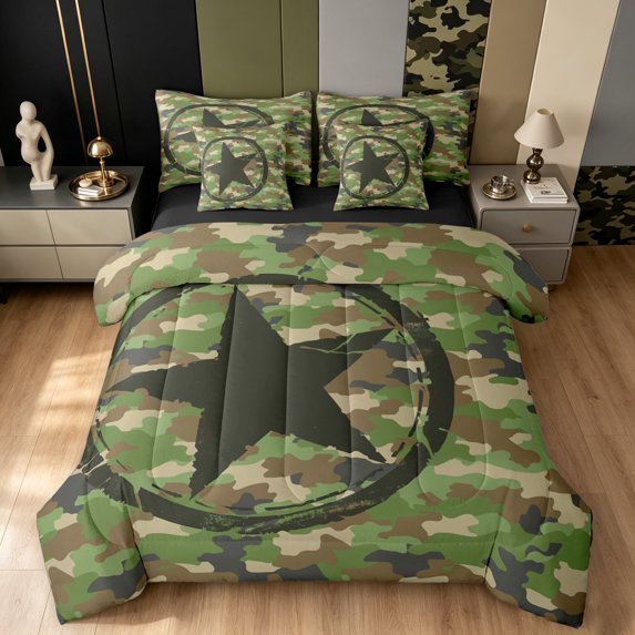 Manfei Minimalst Camouflage Full Size Bedding Sets, Contemporary Art Camo Full Size Bed in a Bag, Coyote Brown, Black Reversible, 7pcs