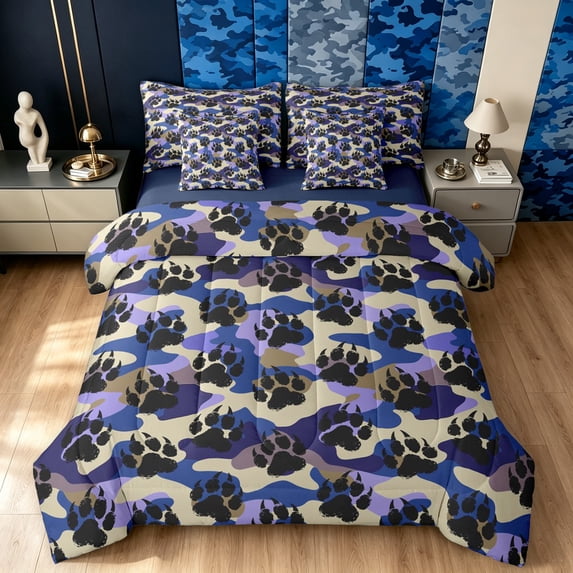 Manfei Minimalst Camouflage Full Size Bedding Sets, Rustic Bear Paw Full Size Bed in a Bag, Navy Blue, Blue Reversible, 7pcs