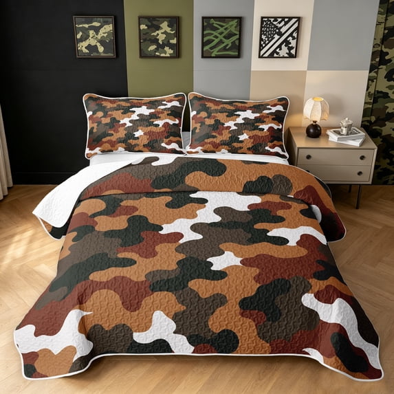 Manfei Minimalst Camouflage Quilt Full, Old Fashion Camo Full Bedspread Sets, Coral, 3pcs, 1 Coverlet and 2 Pillowcases