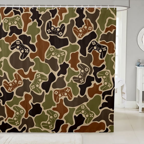 Manfei Minimalst Camouflage Shower Curtain 72Wx72L, Old Fashion Camo Gamepad Shower Curtain 72Wx72L, Olive Brown