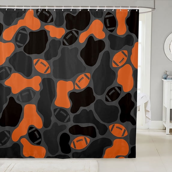 Manfei Minimalst Camouflage Shower Curtain 72Wx84L, Cartoon Rugby Camo Bathroom Shower Curtain, Black Orange
