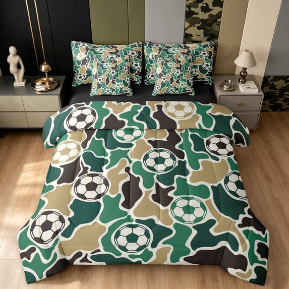 Manfei Minimalst Camouflage Twin Bedding, Camo Soccer Bedding Comforter Set, Woodland Green, Black Reversible, 7pcs