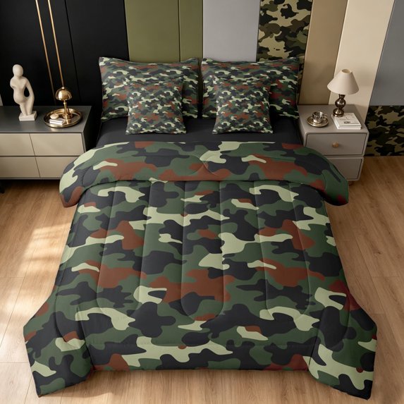 Manfei Minimalst Camouflage Twin Bedding, Countryside Camo Bedding Comforter Set, Dark Green, Black Reversible, 7 Pieces