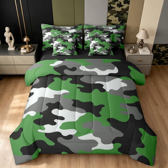 Manfei Minimalst Camouflage Twin Bedding, Mid Century Camo Bedding Comforter Set, Gray Green, Black Reversible, 7 Pieces