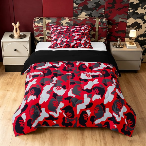 Manfei Minimalst Camouflage Twin Comforter Sets, Rustic Camo Gorilla Bedding Set, Crimson Red, Black Reversible, 2pcs, 1 Comforter and 1 Pillowcase