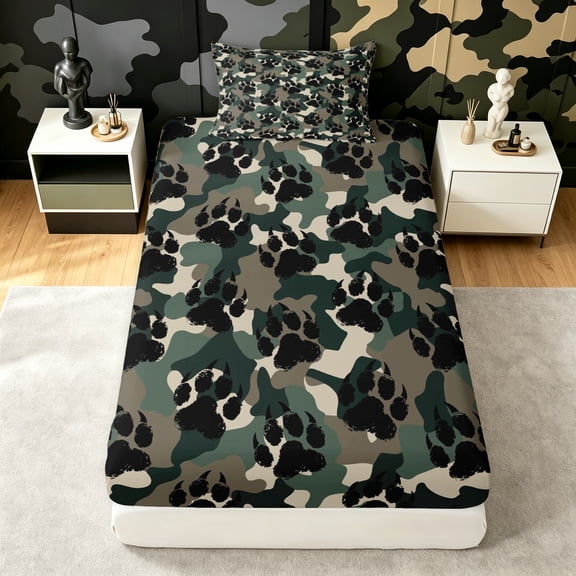 Manfei Minimalst Camouflage Twin Fitted Sheet, Countryside Bear Paw Print Bedding, Urban Gray, 2pcs, 1 Fitted Sheet and 1 Pillowcase