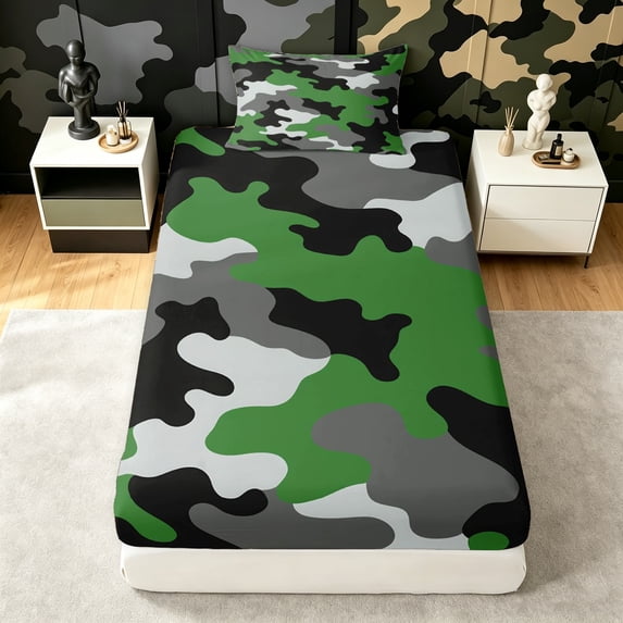 Manfei Minimalst Camouflage Twin Fitted Sheet, Mid Century Camo Bedding, Gray Green, 2 Pieces, 1 Fitted Sheet and 1 Pillowcase