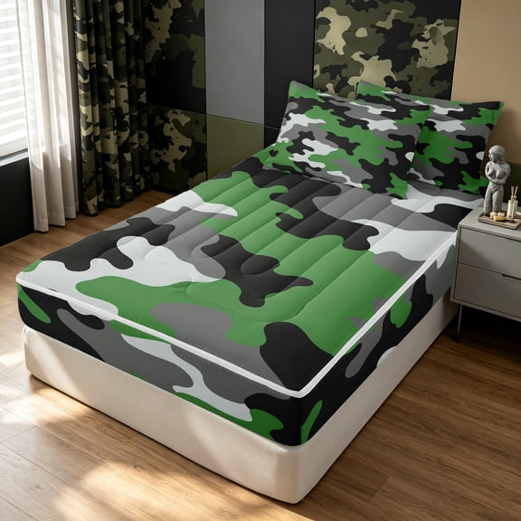 Manfei Minimalst Camouflage Zipper Full Size Comforter Sets with Fitted Sheet and 2 Pillowcases, Mid Century Camo Zipper Bedding Set, Gray Green, Black Reversible, 4 Pieces