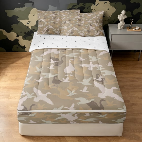 Manfei Minimalst Camouflage Zipper Twin Comforter Sets with Fitted Sheet and 2 Pillowcases, Countryside Duck Wildlife Zipper Bedding Set, Sand, Reversible, 4pcs