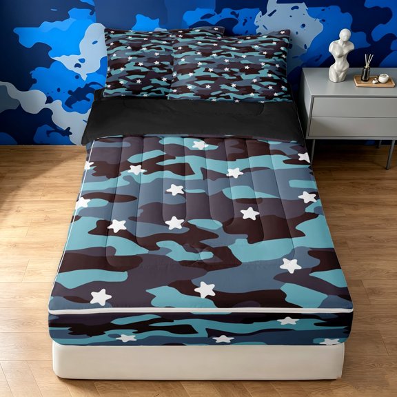 Manfei Minimalst Camouflage Zipper Twin Comforter Sets with Fitted Sheet and 2 Pillowcases, Mid Century Camo Zipper Bedding Set, Steel Blue, Black Reversible, 4pcs