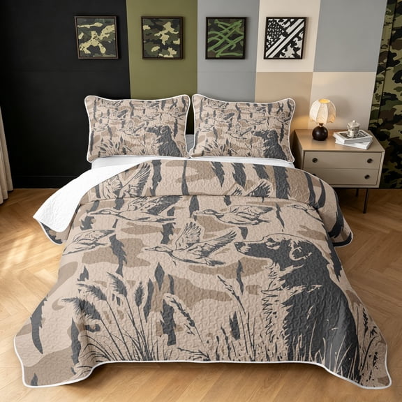 Manfei Minimalst Duck Camo Bed Spread Queen, Countryside Camouflage Queen Coverlet Set, Khaki, 3pcs, 1 Quilt and 2 Pillowcases