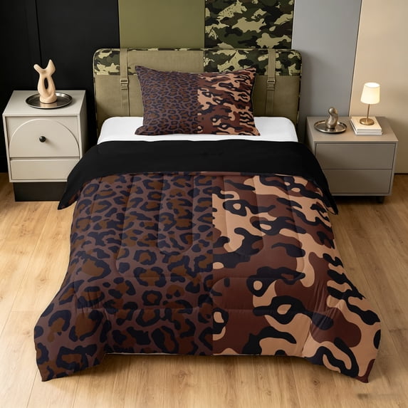 Manfei Minimalst Leopard Print Camo Twin Comforter Sets, Contemporary Art Animal Print Bedding Set, Chocolate Brown, Black Reversible, 2pcs, 1 Comforter and 1 Pillowcase