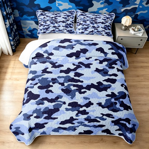 Manfei Minimalst Mosaic Quilt Full, Old Fashion Camo Full Bedspread Sets, Navy Blue, 3pcs, 1 Coverlet and 2 Pillowcases
