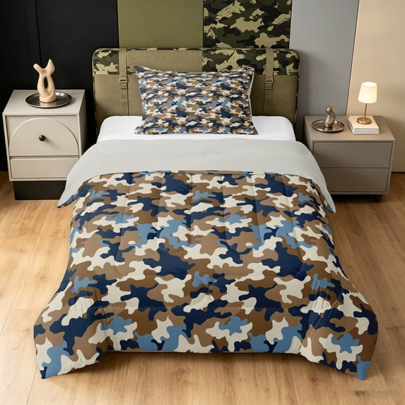 Manfei Minimalst Mosaic Twin Comforter Sets, Old Fashion Camo Bedding Set, Khaki Blue, Gray Reversible, 2 Pieces, 1 Comforter and 1 Pillowcase