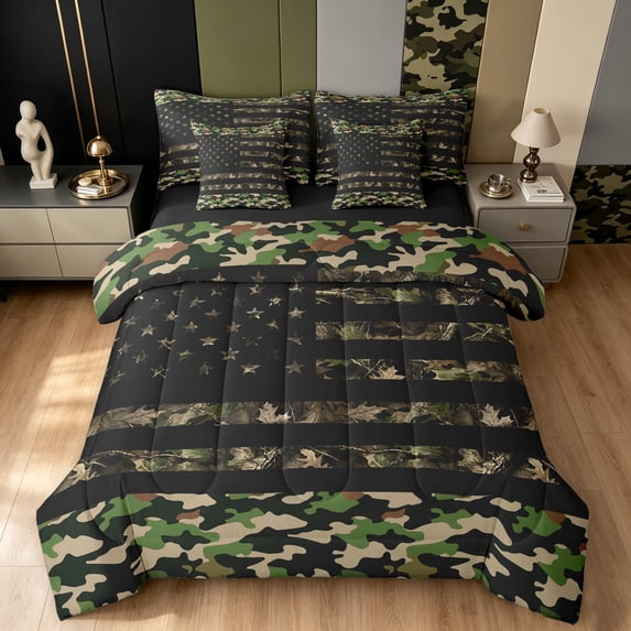 Manfei Minimalst Patriotic Camo Twin Bedding, Vintage US Flag Bedding Comforter Set, Desert Tan, Black Reversible, 7pcs