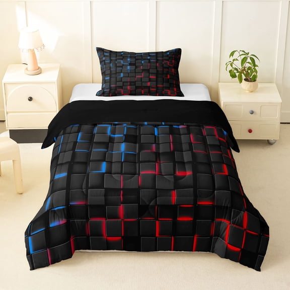 Manfei Modern 3D Neon Twin Comforter Sets, Glowing Square Bedding Set, Black Blue Red, Black Reversible 2pcs, 1 Comforter and 1 Pillowcase