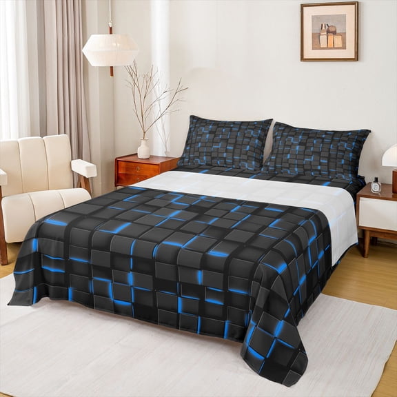 Manfei Modern 3D Square Queen Sheets, Neon Glow Queen Sheet Sets, Black Blue, Black Reversible 4pcs1 Flat Sheet + 1 Fitted Sheet + 2 Pillowcases