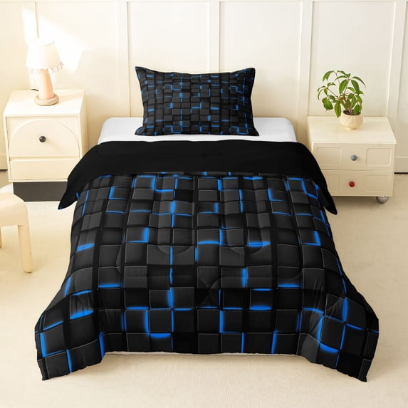 Manfei Modern 3D Square Twin Comforter Sets, Neon Glow Bedding Set, Black Blue, Black Reversible 2pcs, 1 Comforter and 1 Pillowcase