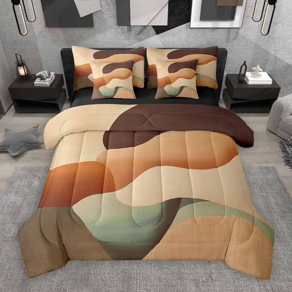 Manfei Modern Abstract Aesthetic 7 Pieces Bedding Comforter Set,Geometric Artistic Full Bedding Set,Beige Brown Ombre Fitted Sheet Flat Sheet For Children,Breathable Home Decor Reversible
