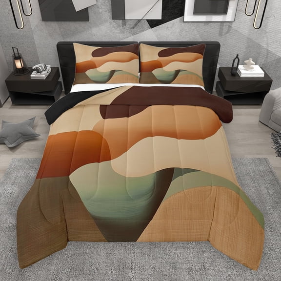 Manfei Modern Abstract Aesthetic Queen Comforter Set,Geometric Artistic Bedding Sets,Beige Brown Ombre Bedding Comforter Set For Children,Breathable Home Decor Reversible,3-Piece
