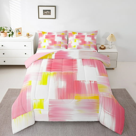 Manfei Modern Abstract Art Bedding Comforter Set,Oil Painting Twin Comforter Sets,Pink Yellow White Bedding Set For Girls,Breathable Home Decor Reversible,2pcs