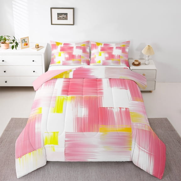 Manfei Modern Abstract Art Full Size Comforter Sets,Oil Painting Bedding Comforter Set,Pink Yellow White Bedding Sets For Girls,Breathable Home Decor Reversible,3-Piece