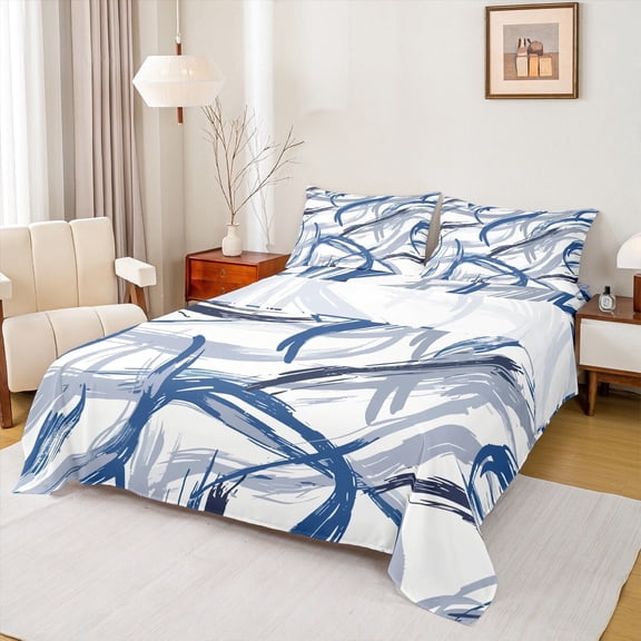 Manfei Modern Abstract Art Full Size Sheets 4-Piece, Blue White Bed Sheets, Geometric Lines Sheet Sets, Ultra Soft Room Decor