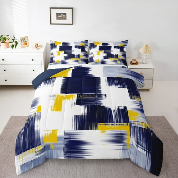 Manfei Modern Abstract Art King Size Comforter Sets,Oil Painting Bedding Comforter Set,Deepblue White Yellow Bedding Set For Girls,Breathable Home Decor Reversible,3 Pieces