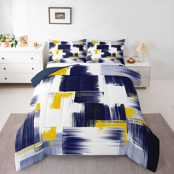 Manfei Modern Abstract Art Queen Comforter Set,Oil Painting Bedding Sets,Deepblue White Yellow Bedding Comforter Set For Girls,Breathable Home Decor Reversible,3-Piece