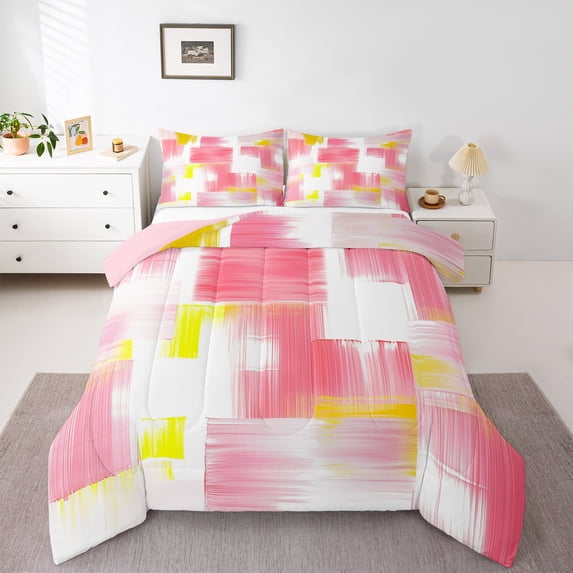 Manfei Modern Abstract Art Queen Comforter Set,Oil Painting Bedding Sets,Pink Yellow White Bedding Comforter Set For Girls,Breathable Home Decor Reversible,3 Pieces