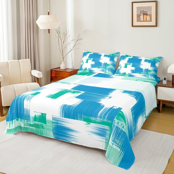 Manfei Modern Abstract Art Queen Sheet Sets,Oil Painting Flat Sheet,Blue White Green Queen Fitted Sheet For Girls,Breathable Home Decor,4pcs