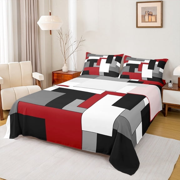 Manfei Modern Abstract Bed Sheets 4 Pieces, Minimalism Plaid King Sheets, Black Gray White Red Sheet Set, Microfiber Bedroom Decor