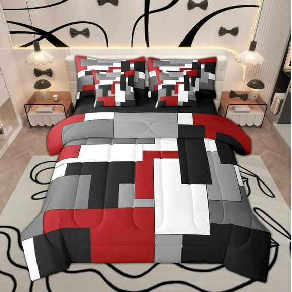 Manfei Modern Abstract Bedding Comforter Set 7-Piece, Minimalism Plaid King Bedding Sets, Black Gray White Red Bed Sheets, Microfiber Bedroom Decor