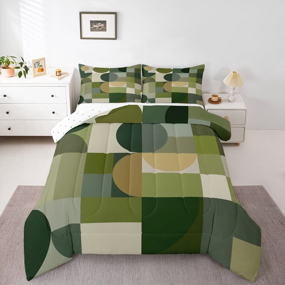 Manfei Modern Abstract Circle Full Size Comforter Sets, Vintage Minimalist Bedding Comforter Set, Multi Green, Reversible 3 Pieces, 1 Comforter and 2 Pillowcases