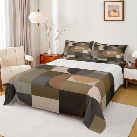 Manfei Modern Abstract Circle Queen Sheets, Vintage Minimalist Queen Sheet Sets, Multi Brown, Reversible 4-Piece1 Flat Sheet + 1 Fitted Sheet + 2 Pillowcases