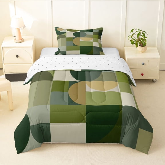 Manfei Modern Abstract Circle Twin Comforter Sets, Vintage Minimalist Bedding Set, Multi Green, Reversible 2 Pieces, 1 Comforter and 1 Pillowcase