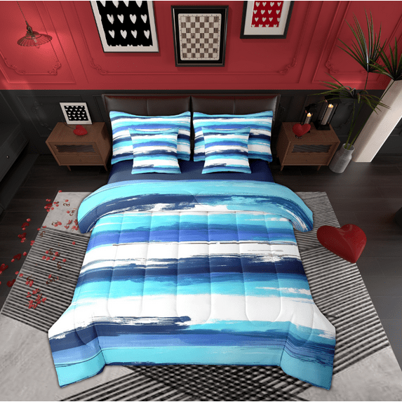 Manfei Modern Abstract Geometric 7-Piece Bedding Comforter Set,Geometric Stripes King Bedding Sets,White Blue Graffiti Bed Sheets For Men Women,Ultra Soft Home Decor Reversible