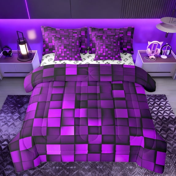 Manfei Modern Abstract Geometric 7-Piece Bedding Comforter Set,Vintage Checkered Grid King Bedding Sets,Purple Classic Plaid Bed Sheets For Girls Boys,Super Cozy Room Decor Reversible