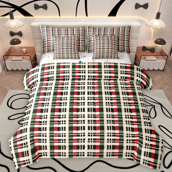 Manfei Modern Abstract Geometric 7 Pieces Bedding Comforter Set,Vintage Checkered Grid Full Bedding Set,Red Beige Stripes Fitted Sheet Flat Sheet For Girls Boys,Super Cozy Room Decor Reversible