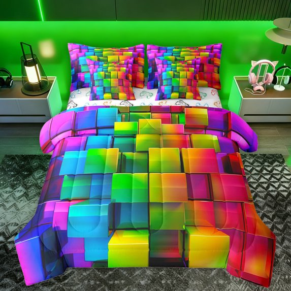 Manfei Modern Abstract Geometric 7pcs Bedding Comforter Set,Vintage Checkered Grid Queen Bedding Sets,Colorful 3D Plaid Queen Sheet Sets For Girls Boys,Super Cozy Room Decor Reversible