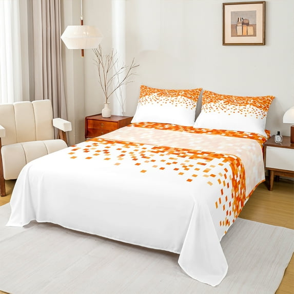 Manfei Modern Abstract Geometric Bed Sheets,Minimalist Buffalo Checkered King Sheets,Orange Pixel Sheet Set For Teens,Luxury Bedroom Decor,4pcs