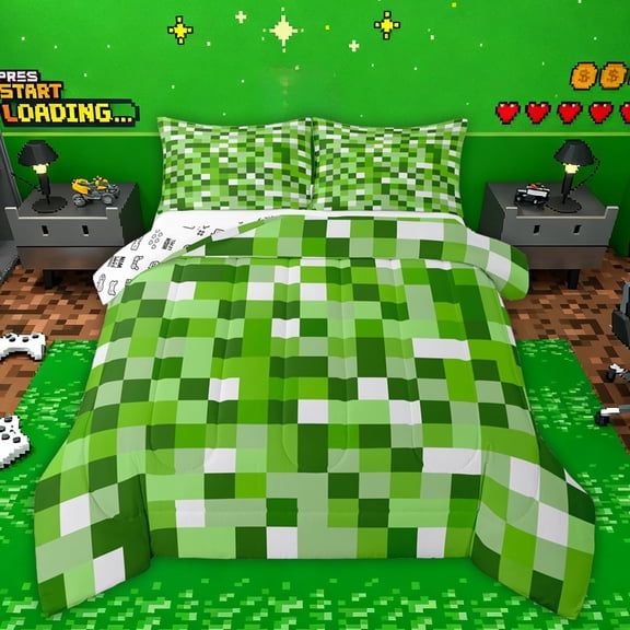 Manfei Modern Abstract Geometric Bedding Comforter Set,Minimalism Buffalo Checkered Twin Comforter Sets,Green White Pixel Bedding Set For Teens,Luxury Bedroom Decor Reversible,2 Pieces